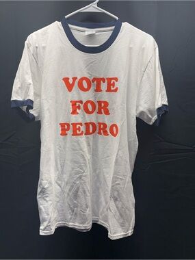 Vintage 'Vote For Pedro' White Ringer T-Shirt with Navy Trim Sz M (9av)